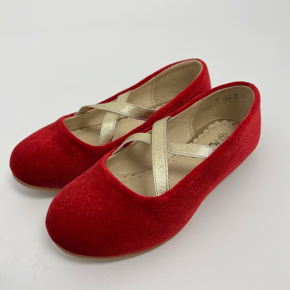Mini Boden Red Velvet Girls Dress Shoes with Gold Straps